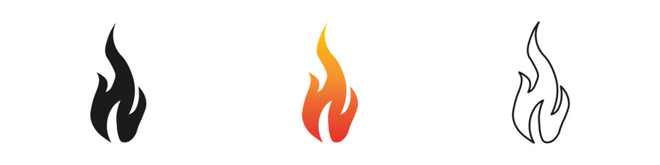 Wall Mural - Fire design elements in black, orange, and outline styles. Fire icon vector set. Flame icon collection. Fire flame symbol. Black, gradient, line set