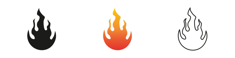Wall Mural - Stylized flames in three variations showcasing design elements. Fire icon vector set. Flame icon collection. Fire flame symbol. Black, gradient, line set