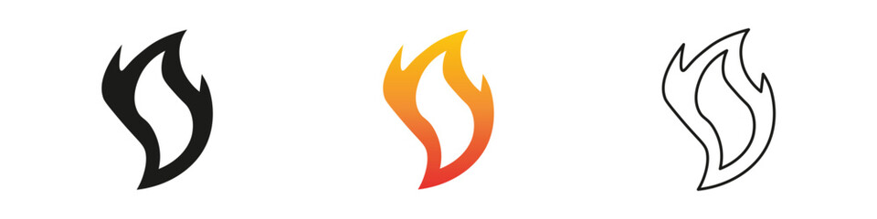 Wall Mural - Iconic flame design variations in black, orange, and white colors. Fire icon vector set. Flame icon collection. Fire flame symbol. Black, gradient, line set