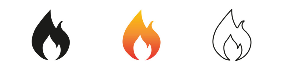 Wall Mural - Flame graphics showcasing different styles and colors. Fire icon vector set. Flame icon collection. Fire flame symbol. Black, gradient, line set