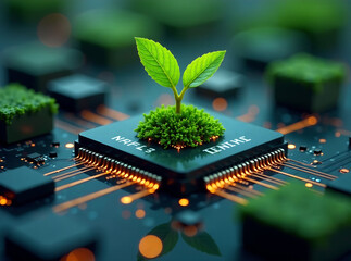 the concept of nature emerging from a computer chip, signifying new life and an eco-friendly concept that combines technology with the natural world. . AI GENERATIVE IMAGE