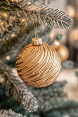 Poster - Golden shiny Christmas ball bauble decoration hanging on tree close up detail. Festive traditional background.