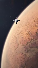 Wall Mural - Vertical Shot of a Futuristic Space Rocket Approaching and Flying Past Mars the Red Planet