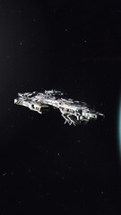 Wall Mural - Vertical Shot of a Futuristic Battle Cruiser Powering Up Engines and Leaving an Exoplanet Orbit