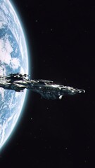 Wall Mural - Vertical Shot of a Futuristic Battle Cruiser Leaving Earth Orbit