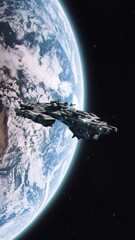 Wall Mural - Vertical Shot of a Futuristic Battle Cruiser Powering Up Engines and Leaving Earth Orbit