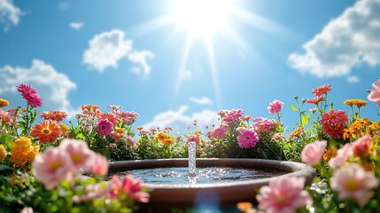 Wall Mural - sunlit garden with flowers and fountain against blue sky.