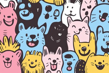 Poster - This doodle showcases a variety of happy dog faces, bursting with playfulness and curiosity, perfect for adding color to any design. Generative AI