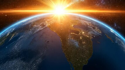 Wall Mural - planet earth rotating in space with sun shining from behind with sunrise behind the planet, backgrou