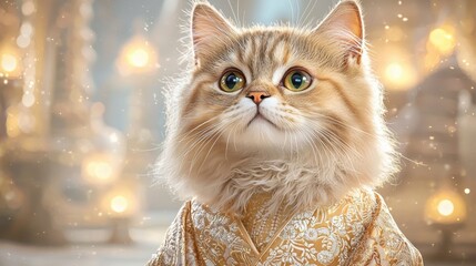 Wall Mural - Fancy dress for fashionable pet cat concept. Fluffy cat in a golden outfit with a magical background