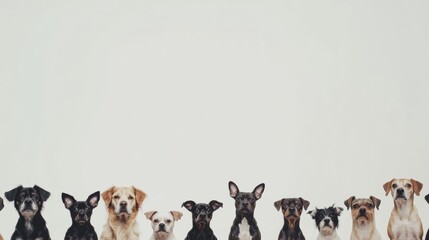 Poster - Various dogs of multiple breeds and sizes are sitting closely together, displaying a range of colors and coat types against a light backdrop. Generative AI