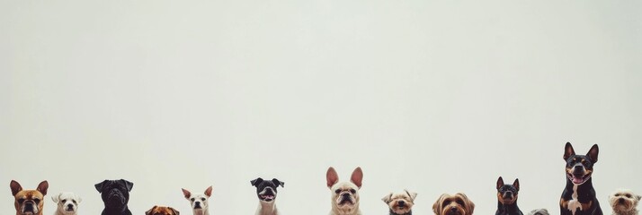 Poster - A cheerful gathering of dogs of different breeds and sizes sits together in a harmonious display of companionship on a clear day. Generative AI