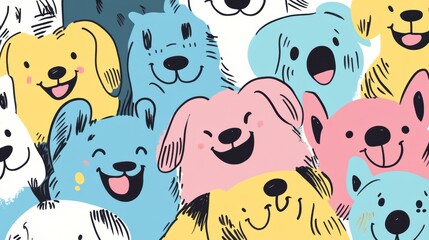 Poster - A colorful doodle features various dog faces, each expressing joy and curiosity, creating a lively atmosphere perfect for playful themes. Generative AI