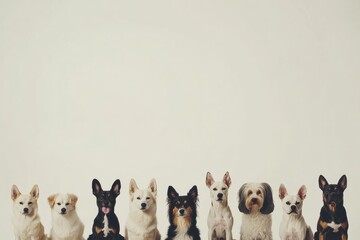Poster - A group of dogs from various breeds and sizes sit side by side, enjoying each other's company in a calm setting with ample space around them. Generative AI