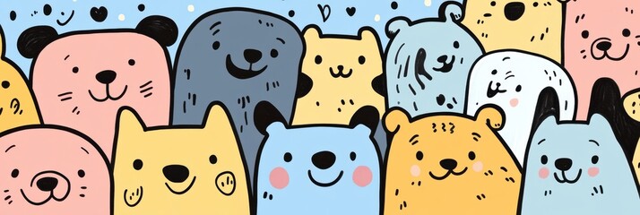 Poster - A collection of doodle-style dog faces displaying joy and curiosity in bright colors, perfect for playful and creative projects. Generative AI