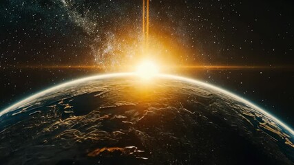 Wall Mural - planet earth rotating in space with sun shining from behind with sunrise behind the planet, backgrou