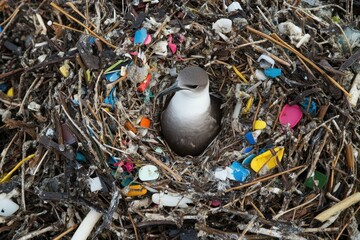 Seabird nesting amidst micro plastic pollution on coastal shoreline nature photography close-up viewpoint environmental awareness wildlife conservation marine ecosystem challenges