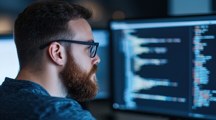 Professional software developer working on code in a modern office environment at night