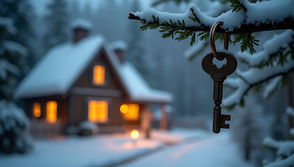 Wall Mural - cozy winter village scene with a key hanging from a snowy tree branch amidst a warm illuminated hous