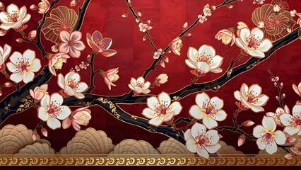 floral pattern realistic view of blossom pattern against a red background with intricate design giving a traditional view