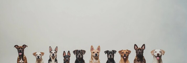 Poster - A variety of dogs of different breeds and sizes sit closely together, creating a charming display of canine companionship with blank space for text. Generative AI
