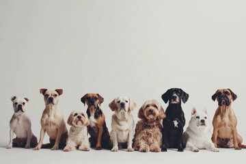 Poster - Different dog breeds and sizes sit side by side in a studio, showcasing their friendly demeanor against a plain background. Generative AI