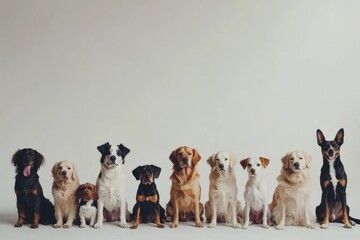 Poster - A diverse group of dogs of different breeds and sizes are seated together, displaying a range of colors and expressions, against a plain backdrop. Generative AI