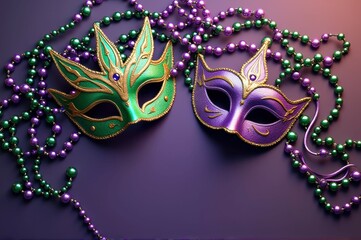 Wall Mural - Vibrant mardi gras masks and beads on colorful surface