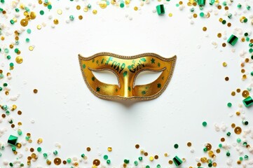 Wall Mural - Festive gold mask with green decorations surrounded by colorful confetti