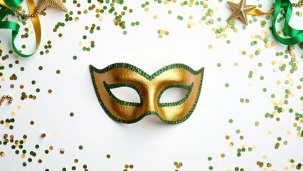 Wall Mural - Golden masquerade mask with green sequins surrounded by festive decor