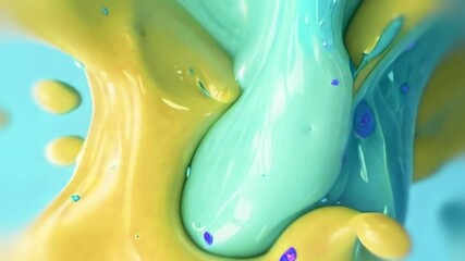 Fototapete - Smooth animation of abstract shapes in pastel yellows and blues. The flowing lines gently merge and the smallest drops and splashes come to life, creating an effect of weightlessness and soft dynamics