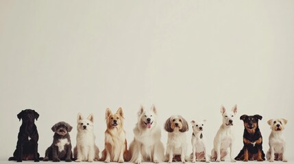 Poster - A variety of dog breeds and sizes gather closely together, looking friendly and calm in a spacious setting ideal for text placement. Generative AI