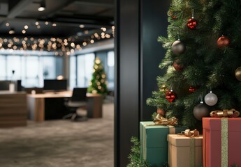 Wall Mural - christmas cheer in the office with a tree and wrapped present