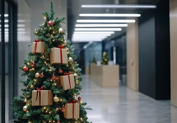 Wall Mural - seasonal cheer: christmas tree and presents in a stylish office