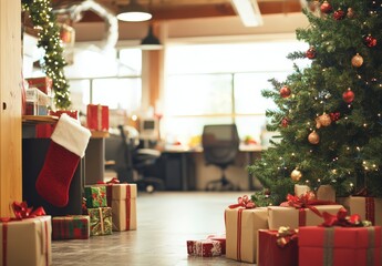 Wall Mural - christmas tree and presents in modern office setting