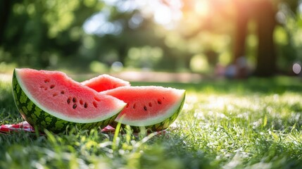 Wall Mural - A family enjoying an outdoor picnic in a park sharing slices of watermelon surrounded by green grass and trees under bright sunlight