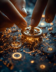 A close-up of hands adjusting gears on a circuit board, highlighting technology and innovation.