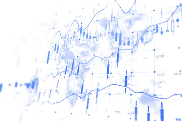 Fototapete - Abstract financial chart with blue candlesticks, lines, and data points on a white background, showing a digital economic concept. 3D Rendering.