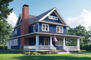 Wall Mural - Blue craftsman style house American flag white trim front porch green lawn residential neighborhood