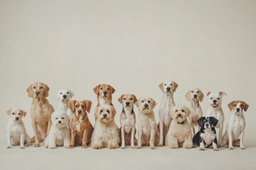 Poster - A cheerful gathering of dogs of different breeds and sizes sits together in a line, showcasing their unique characteristics and friendly demeanor. Generative AI