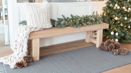 Canvas Print - A rustic wooden bench holds a cozy blanket, while pine cones lie on the floor, enhancing the winter home decor vibes in the living room