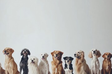 Poster - A cheerful gathering of dogs includes multiple breeds and sizes, posing together in a friendly manner against a neutral backdrop. Generative AI