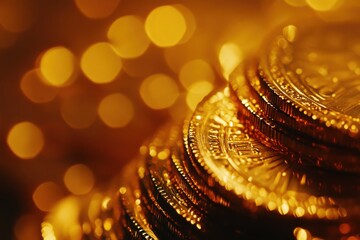 Wall Mural - Golden coins stacked, close-up macro photography soft focus bokeh lights warm tones shiny texture wealth currency blurred background