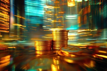 Wall Mural - Golden coins stacked, close-up macro photography soft focus bokeh lights warm tones shiny texture wealth currency blurred background