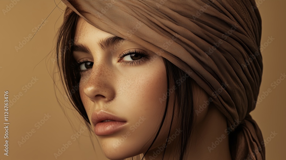 Portrait of a young woman with a beautiful scarf, showcasing natural ...