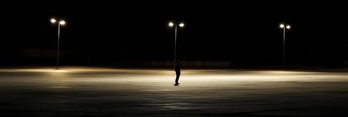 Aufkleber - A lonely person wanders along a deserted street illuminated by streetlights, creating long shadows in the dark atmosphere. Generative AI