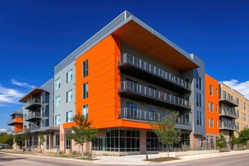 Wall Mural - Modern apartment building geometric architecture orange and gray facade blue sky background