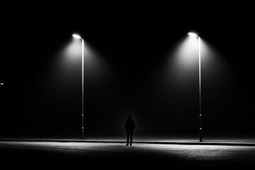 Aufkleber - A person stands alone on an empty street, surrounded by shadows and illuminated by streetlights in the quiet of night. Generative AI