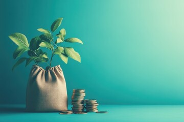 Wall Mural - Money bag with growing plants coins stacking financial growth concept