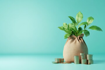 Wall Mural - Money bag with growing plants coins stacking financial growth concept